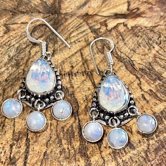 Rainbow Moonstone & Synthetic Opalite Earrings 1 1/2” - Picture 10 of 12